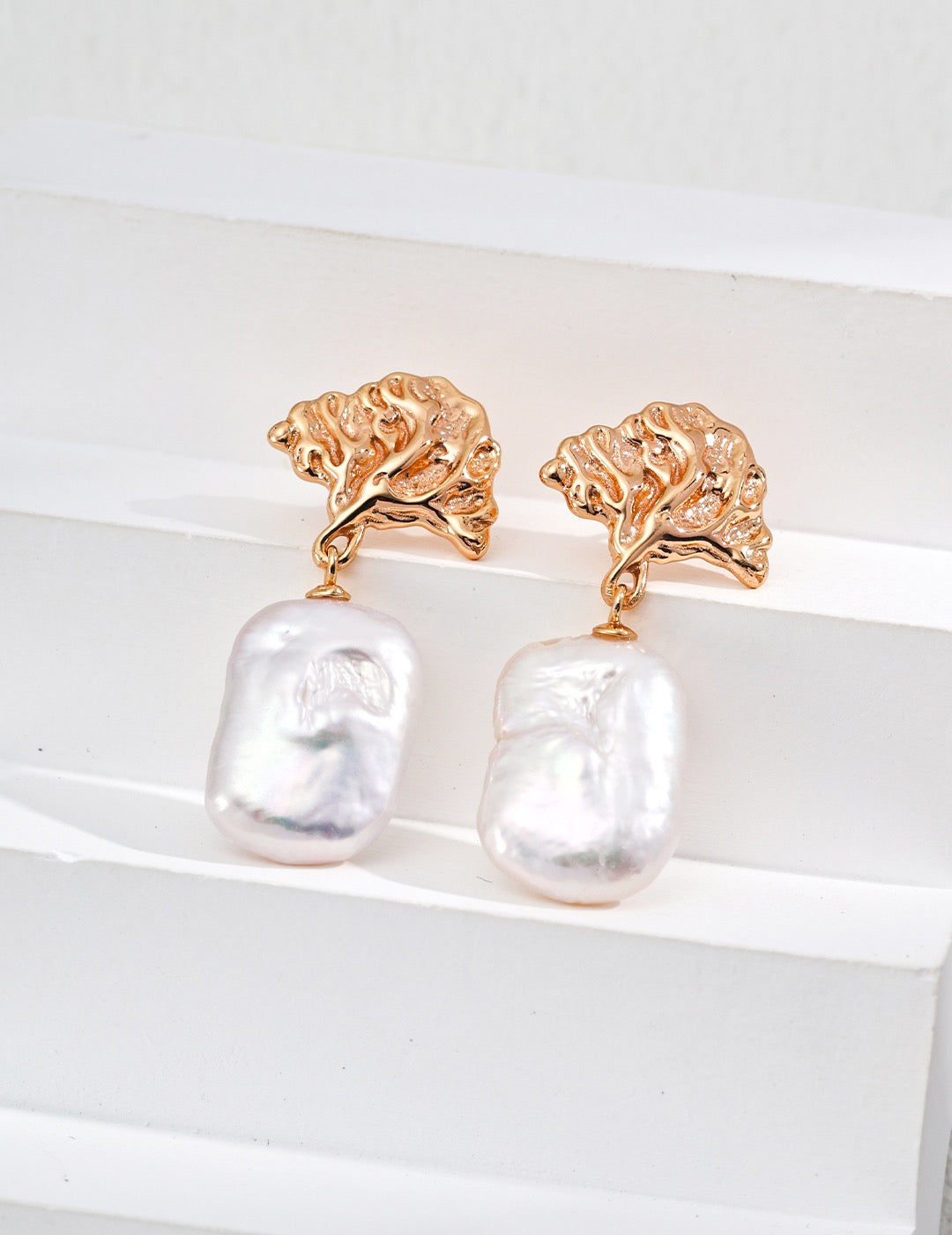 S925 silver ginkgo leaf retro rectangular baroque natural pearl earrings