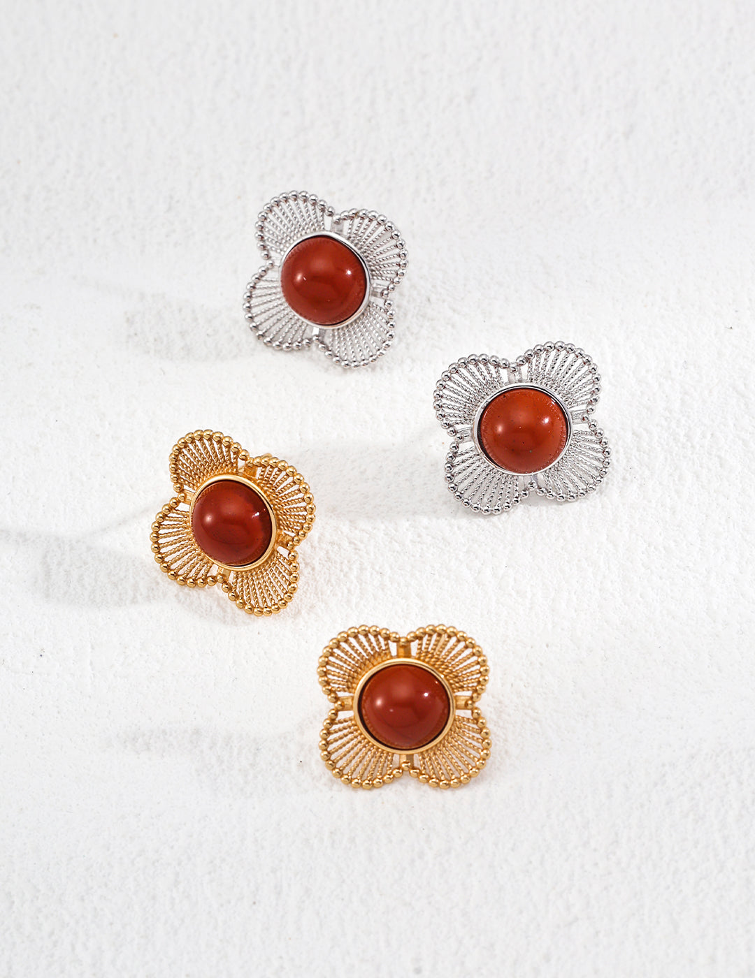 S925 Retro Red Clover Agate Earrings E01275