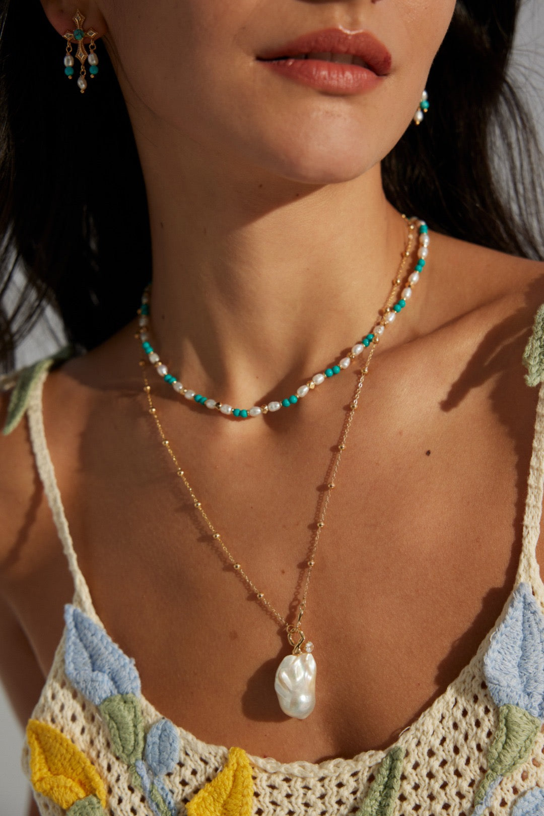 Natural pearl turquoise beaded necklace