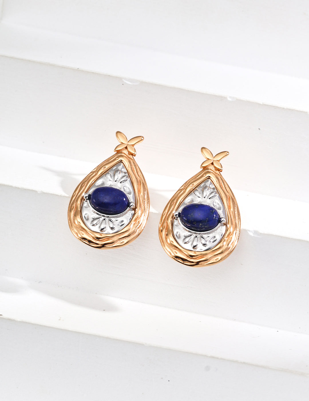 S925 Silver Retro Gold and Platinum Mother-of-Pearl/Lapis Lazuli Design Earrings