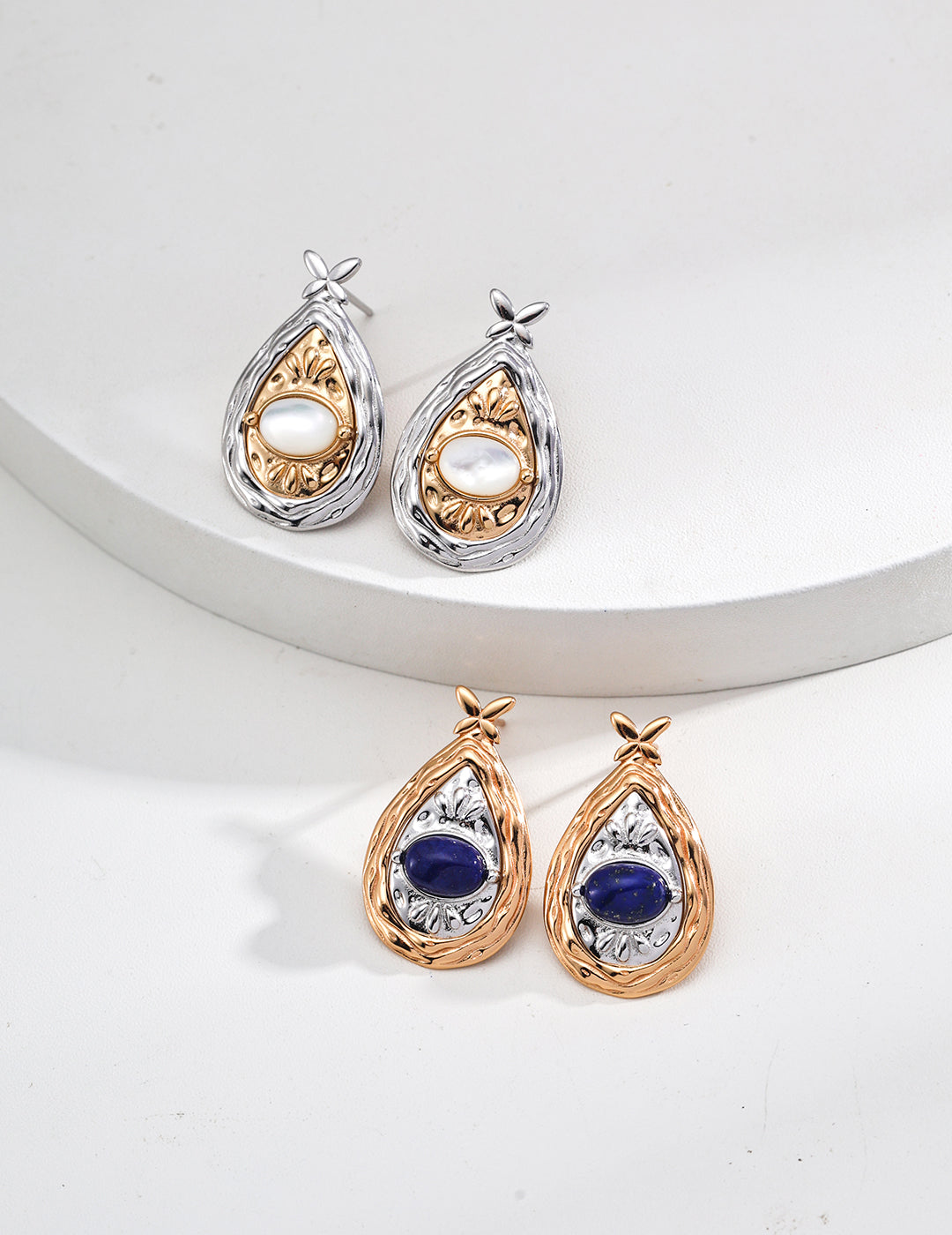 S925 Silver Retro Gold and Platinum Mother-of-Pearl/Lapis Lazuli Design Earrings