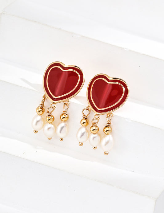 S925 silver fashion red drip glaze natural pearl heart-shaped earrings E01285-2