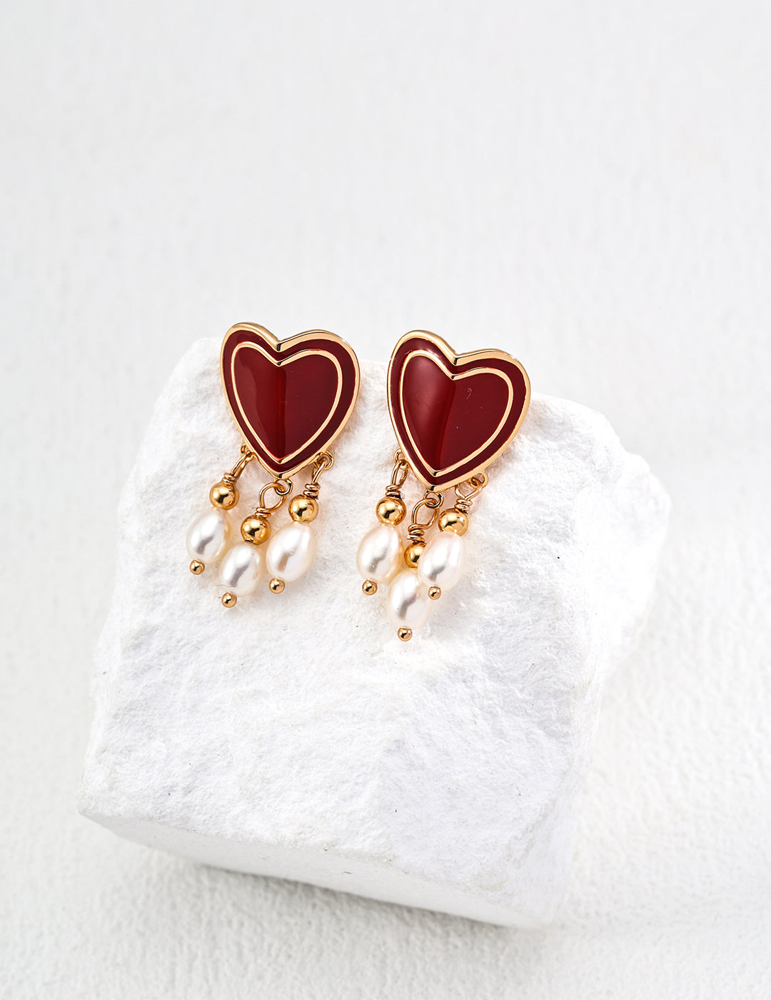 S925 silver fashion red drip glaze natural pearl heart-shaped earrings E01285-2