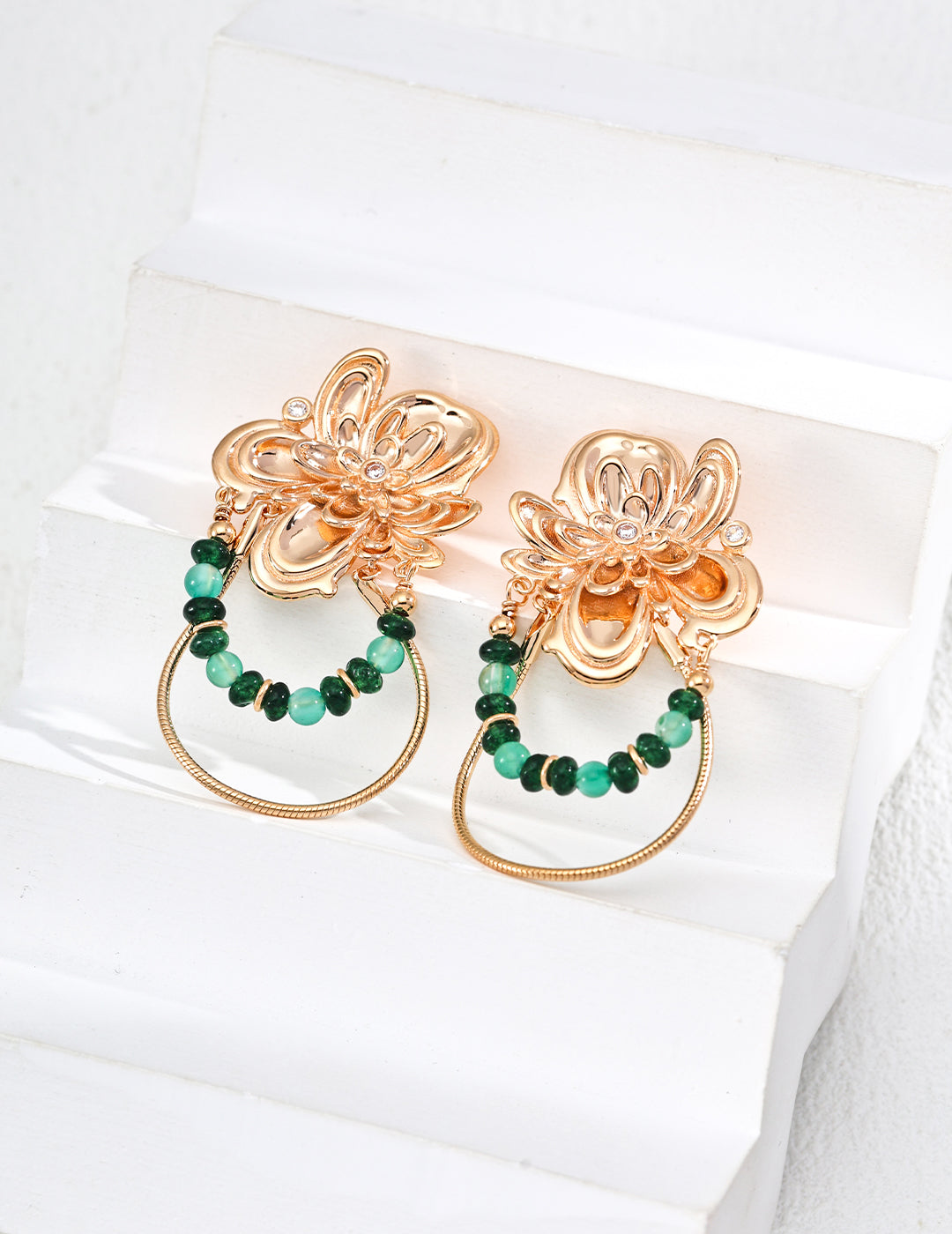 S925 silver retro design emerald agate zircon earrings E01178-2