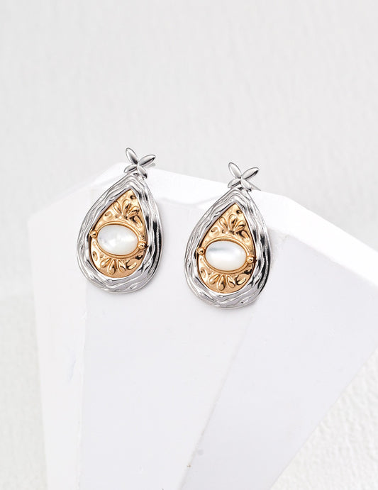 S925 silver retro gold and platinum mother-of-pearl design earrings