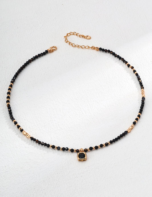 S925 silver round glossy black agate gold-rimmed necklace