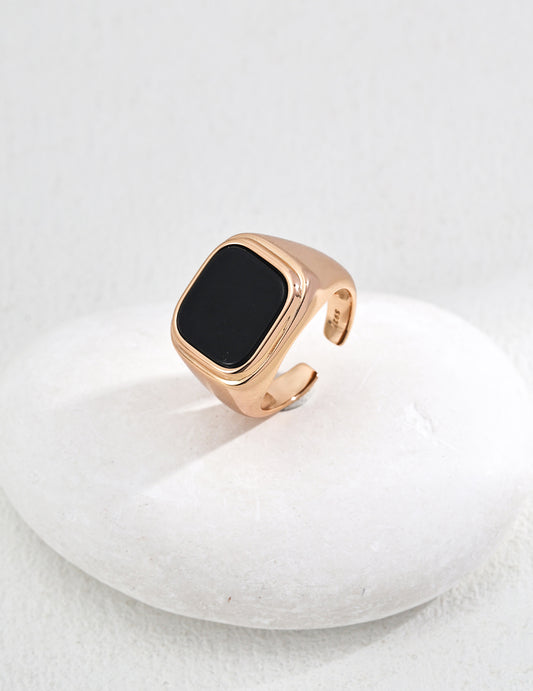 S925 silver simple black agate ring J0264