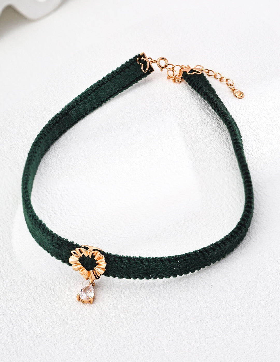 S925 silver simple green velvet ribbon/black pu leather zircon necklace