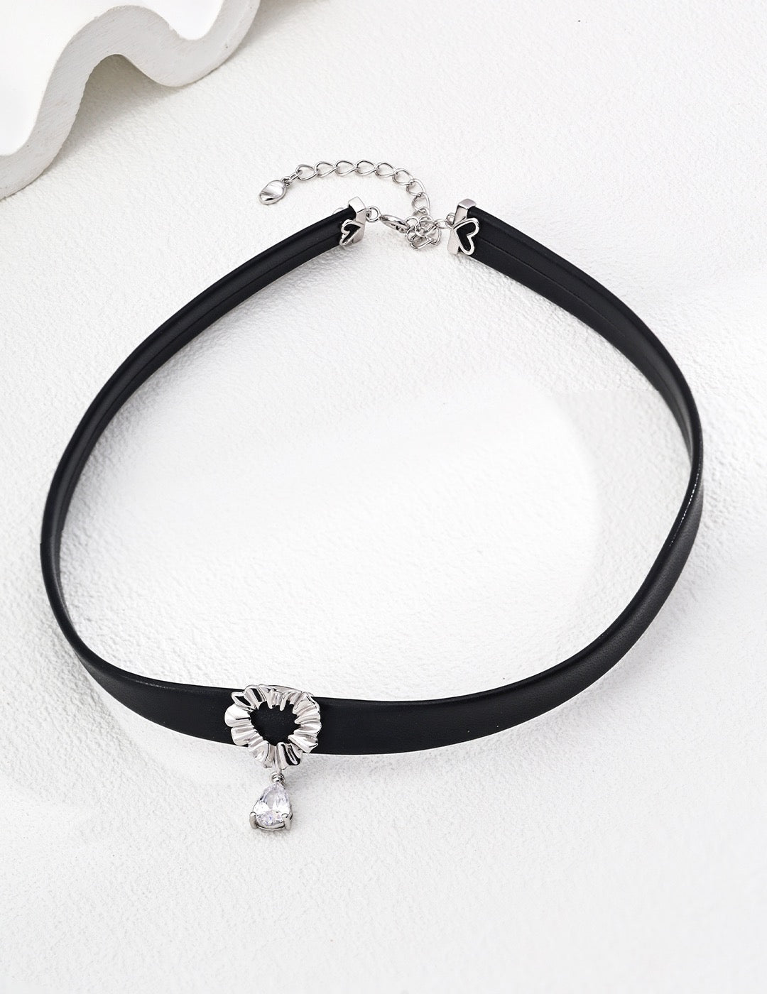 S925 silver simple green velvet ribbon/black pu leather zircon necklace