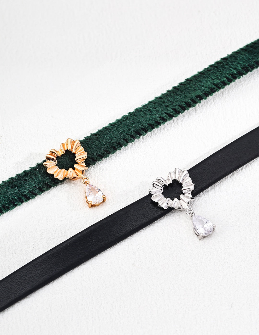 S925 silver simple green velvet ribbon/black pu leather zircon necklace