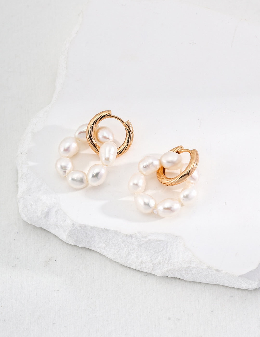 Sterling Silver Antique Gold Pearl Hoop Earrings