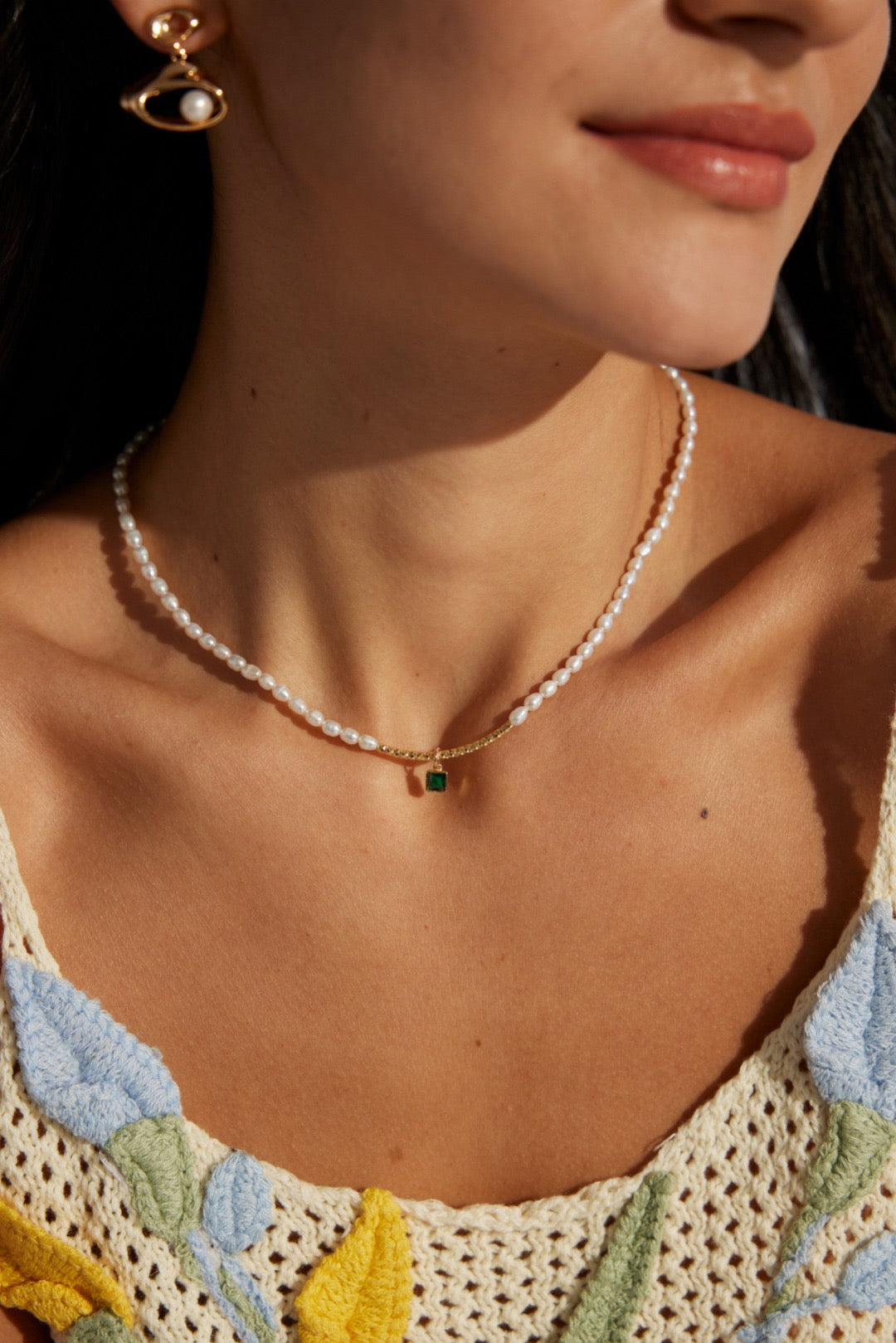 Sterling silver green zircon French natural pearl necklace