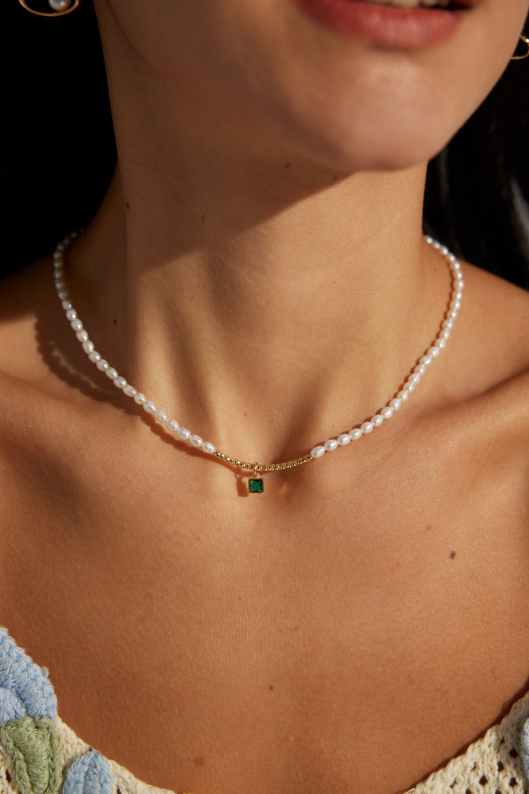 Sterling silver green zircon French natural pearl necklace