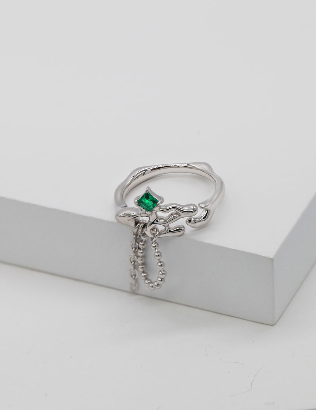 Sterling silver irregular emerald ring