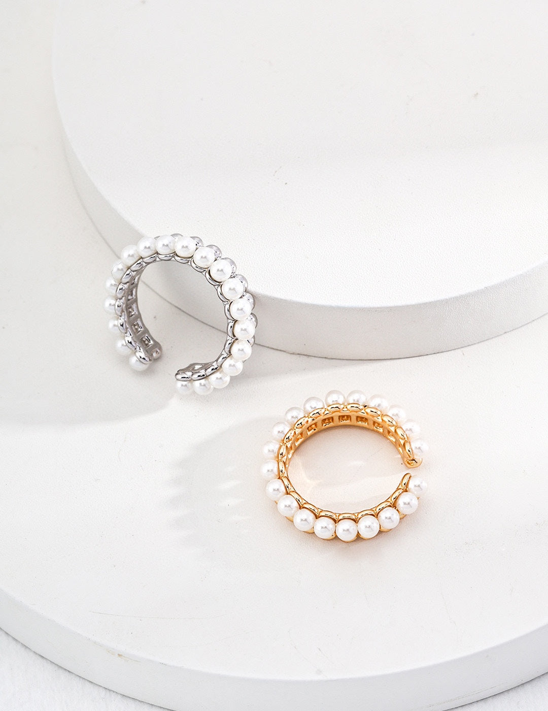 ins half pearl half silver ring